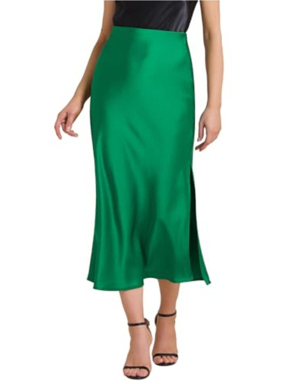 Satin High Waist Split Midi Skirt Flowy Side Slit Party